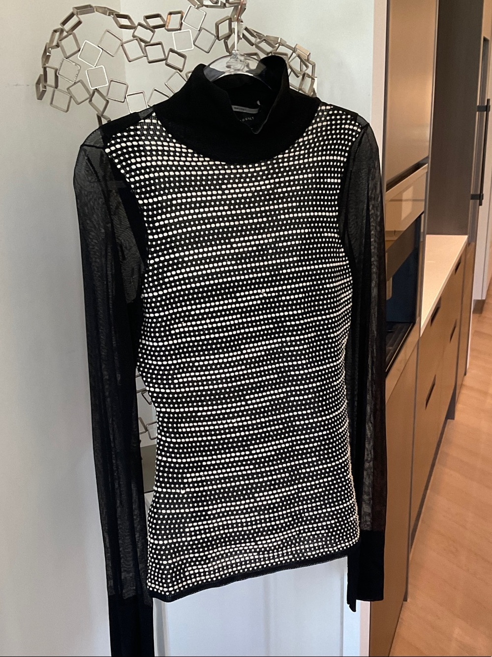 Roland Mouret Black Sheer-Sleeve Studded Turtleneck Top